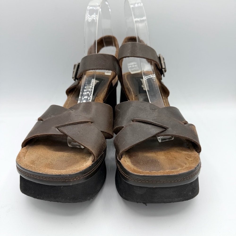 Vintage Y2K Bongo Brown Leather Platform Sandals adjustable strap 90s - Picture 2 of 11